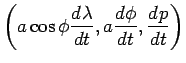 $\displaystyle \left(a\cos\phi\DD{\lambda}{t}, a\DD{\phi}{t}, \DD{p}{t}\right)$