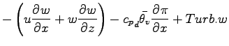 $\displaystyle - \left(
u \DP{w}{x}
+ w \DP{w}{z}
\right)
- {c_{p}}_{d} \bar{\theta_{v}} \DP{\pi}{x}
+ Turb.w$