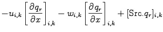 $\displaystyle - u_{i,k} \left[ \DP{q_{r}}{x} \right]_{i,k}
- w_{i,k} \left[ \DP{q_{r}}{x} \right]_{i,k}
+ [{\rm Src}.q_{r}]_{i,k}$