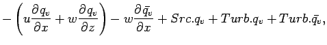 $\displaystyle - \left( u \DP{q_{v}}{x} + w \DP{q_{v}}{z} \right)
- w\DP{\bar{q_{v}}}{x}
+ Src.q_{v} + Turb.q_{v} + Turb.\bar{q_{v}},$