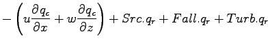 $\displaystyle - \left( u \DP{q_{c}}{x} + w \DP{q_{c}}{z} \right)
+ Src.q_{r} + Fall.q_{r} + Turb.q_{r}$