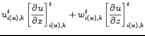 $\displaystyle u_{i(u),k}^{t} \left[\DP{u}{x}\right]_{i(u),k}^{t}
+ w_{i(u),k}^{t} \left[\DP{u}{z}\right]_{i(u),k}^{t}$